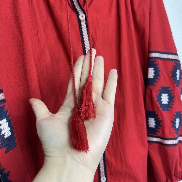 Umgee Women's Boho Peasant Embroidered Shirt Dress Red Balloon Sleeve Red Size M - Picture 8 of 13